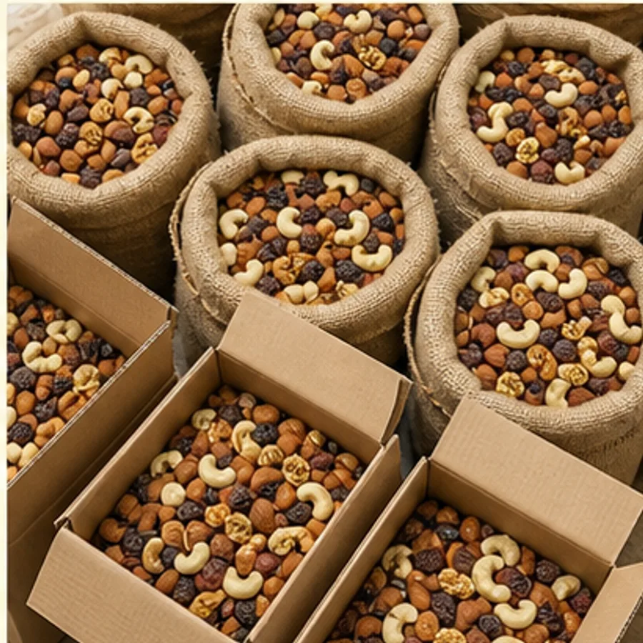 Representative bulk dry-fruit sacks and commercial cartons