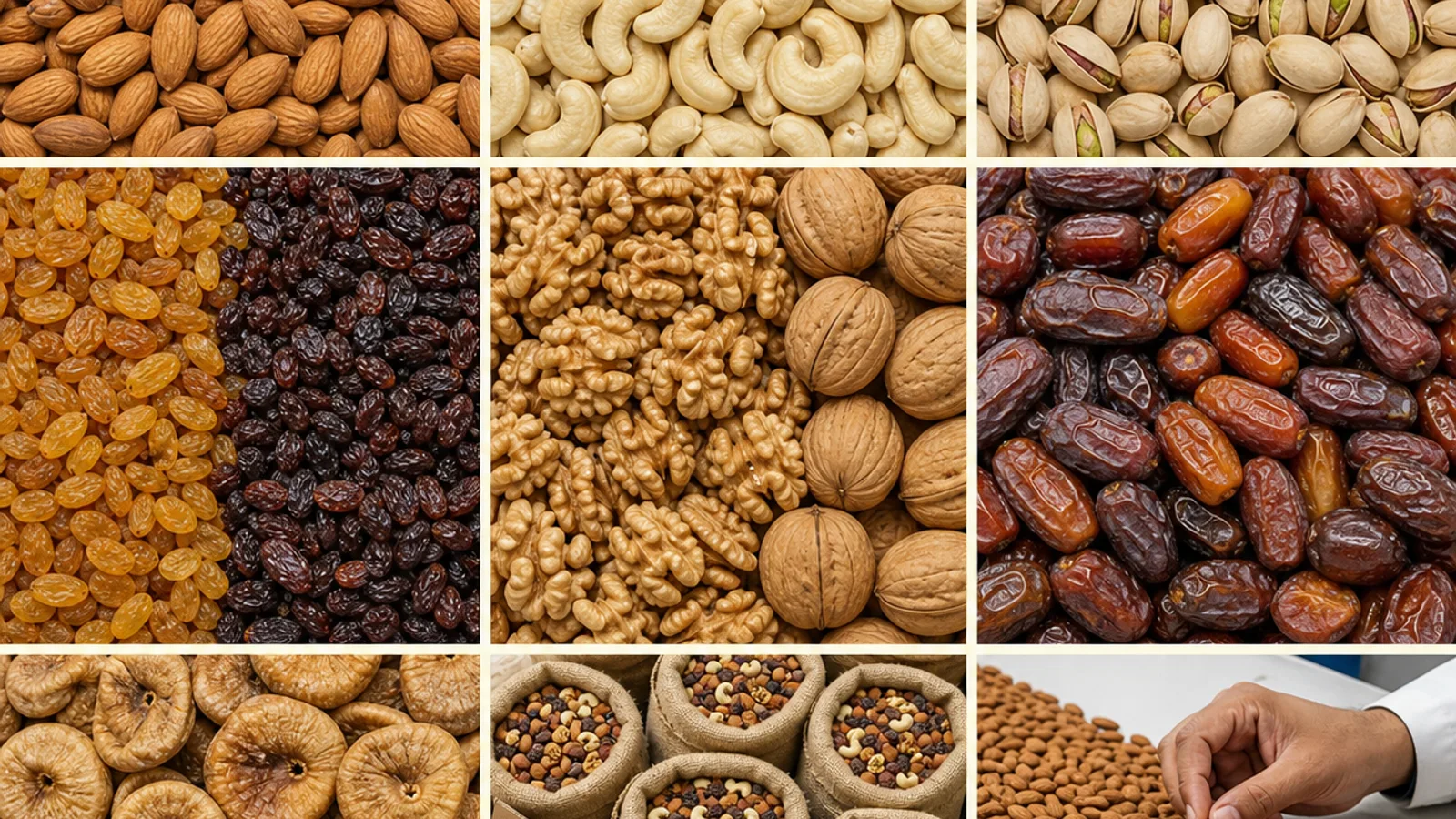 Commercial selection of almonds, cashews, pistachios, raisins, walnuts, dates and dried figs