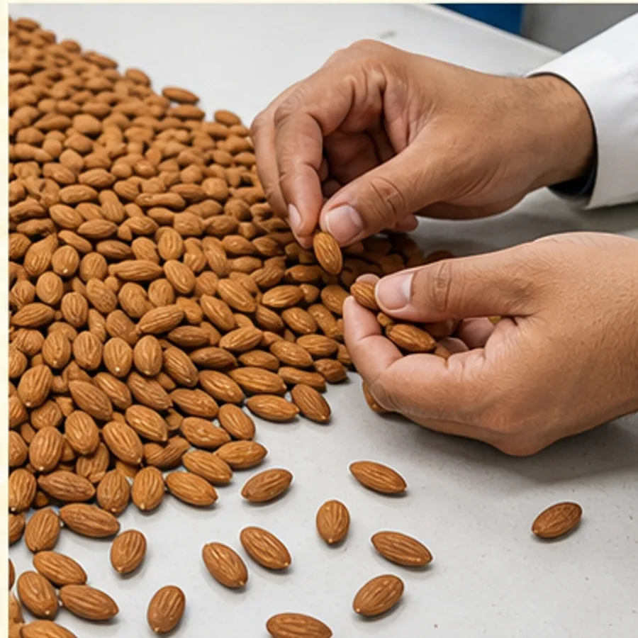 Hands inspecting bulk almonds on a grading table