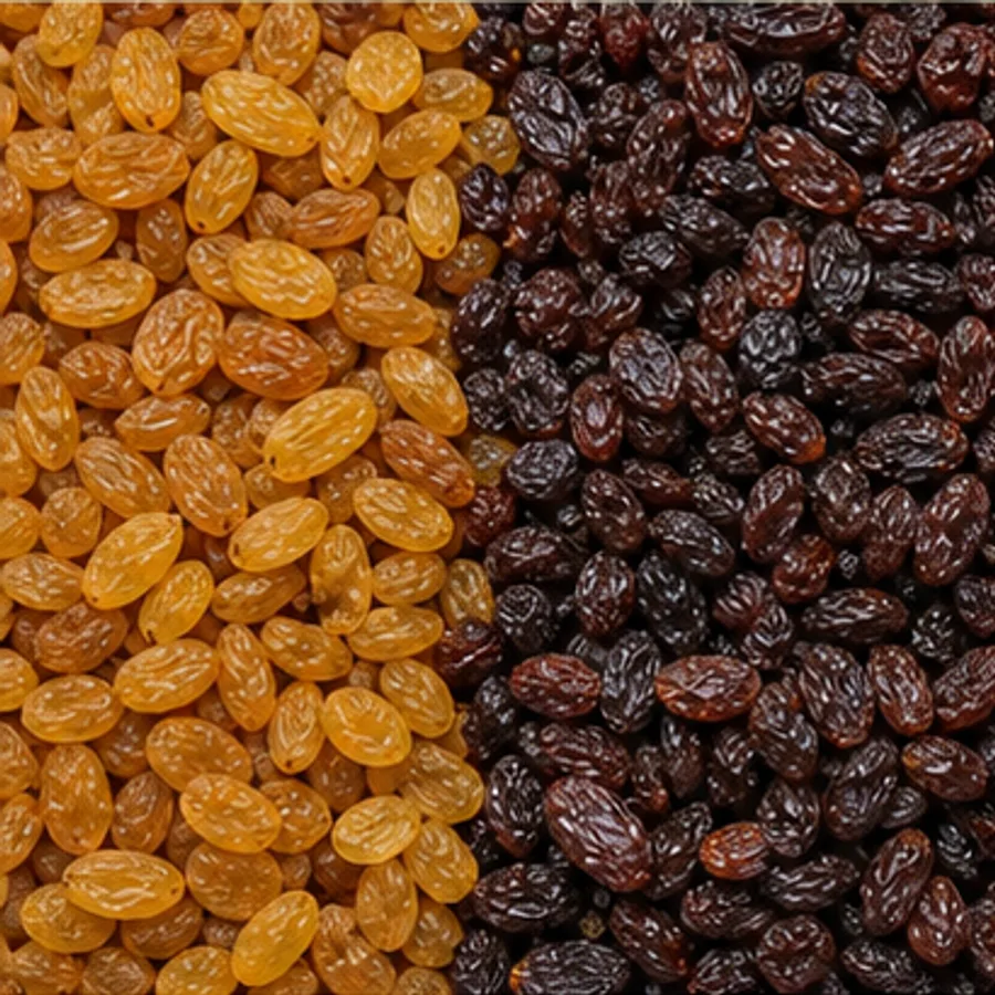 Golden and dark raisins shown side by side